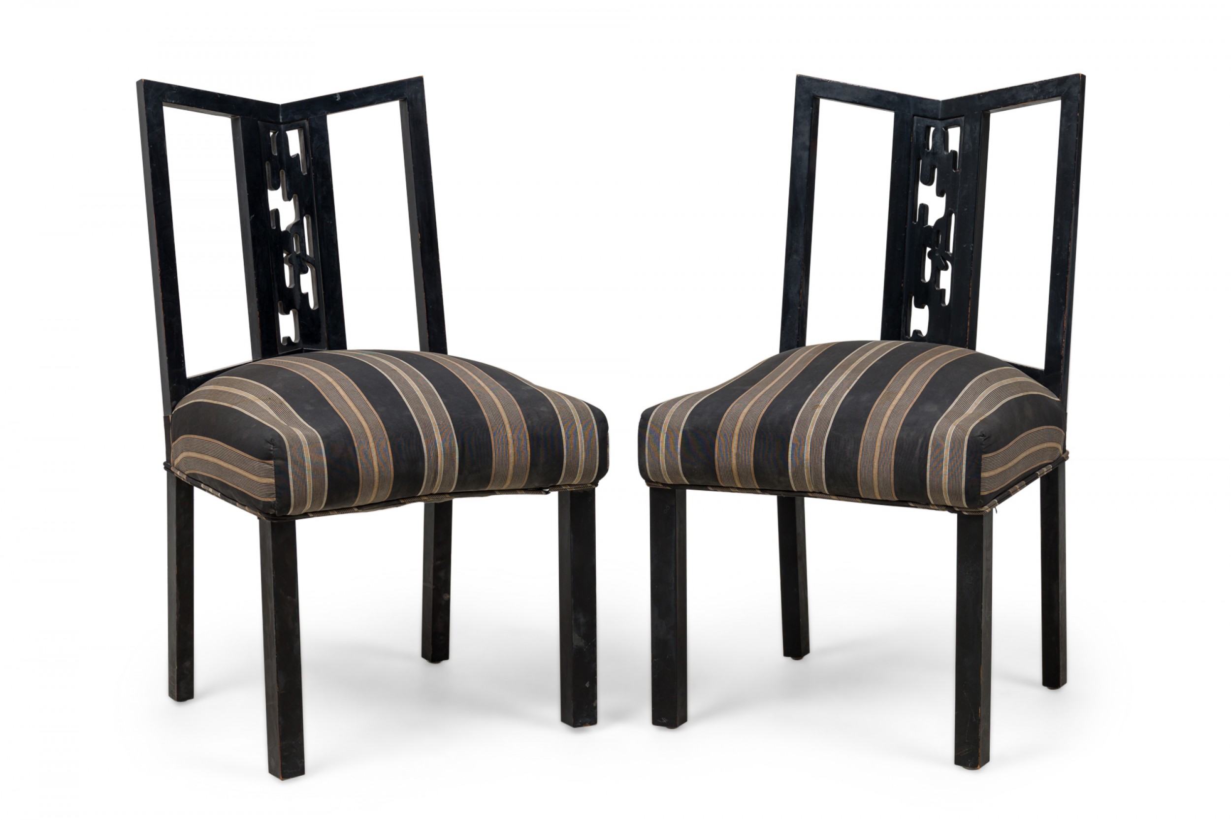 Set of 4 james mont mid century american black lacquered stripe upholstered dining side chairs