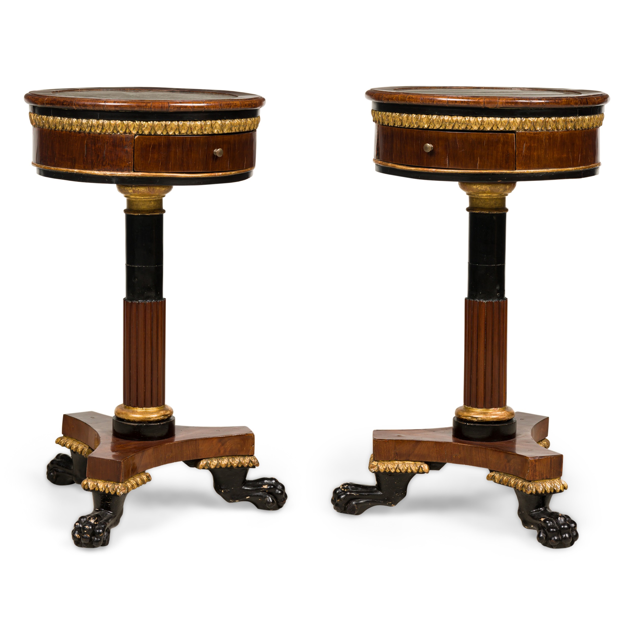 Pair of italian neoclassicalal mahogany and marble gueirdon end table 