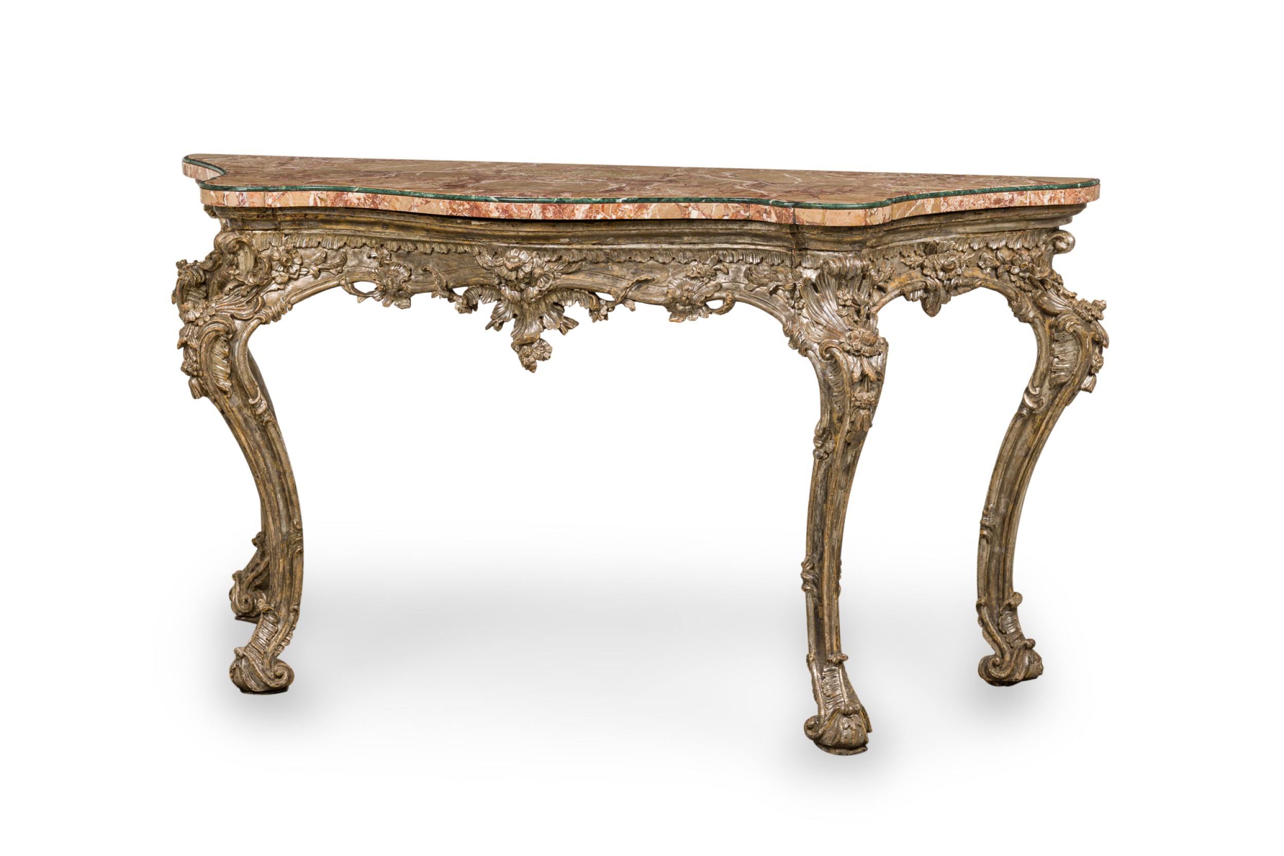Italian rococo carved silver gilt and blush and green marble top console table