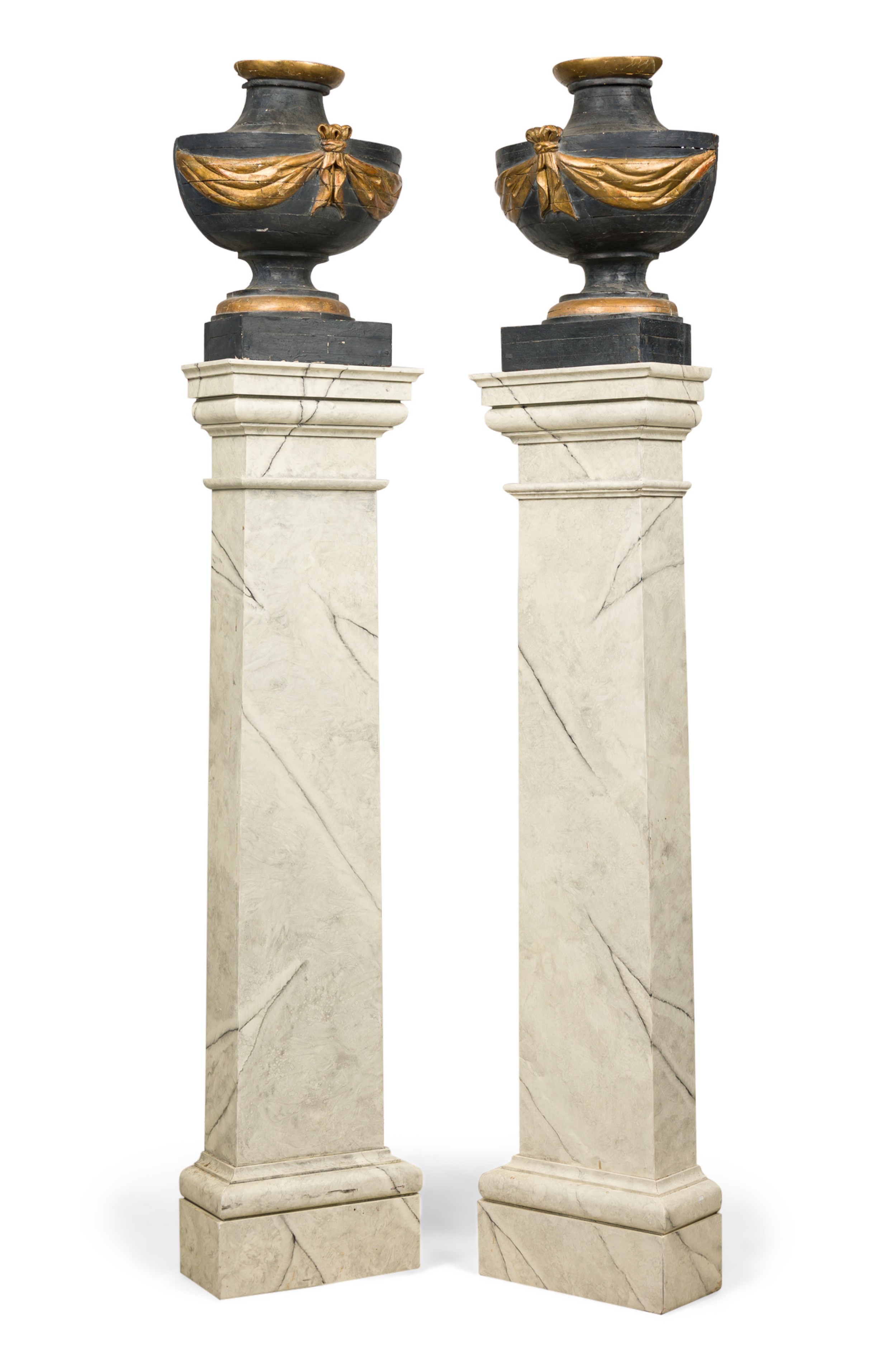 Pair of italian neoclassicalal painted and parcel gilt urns on pedestals