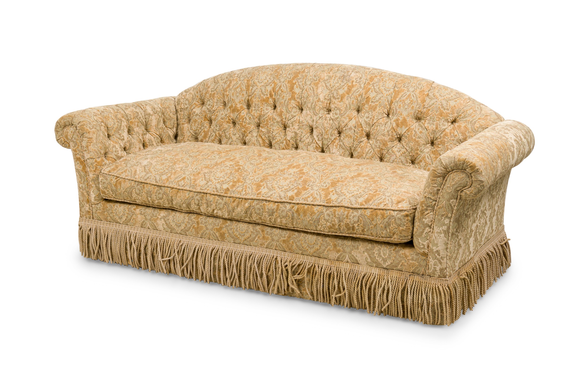 English victorian style gold velvet damask button tufted and fringed sofa