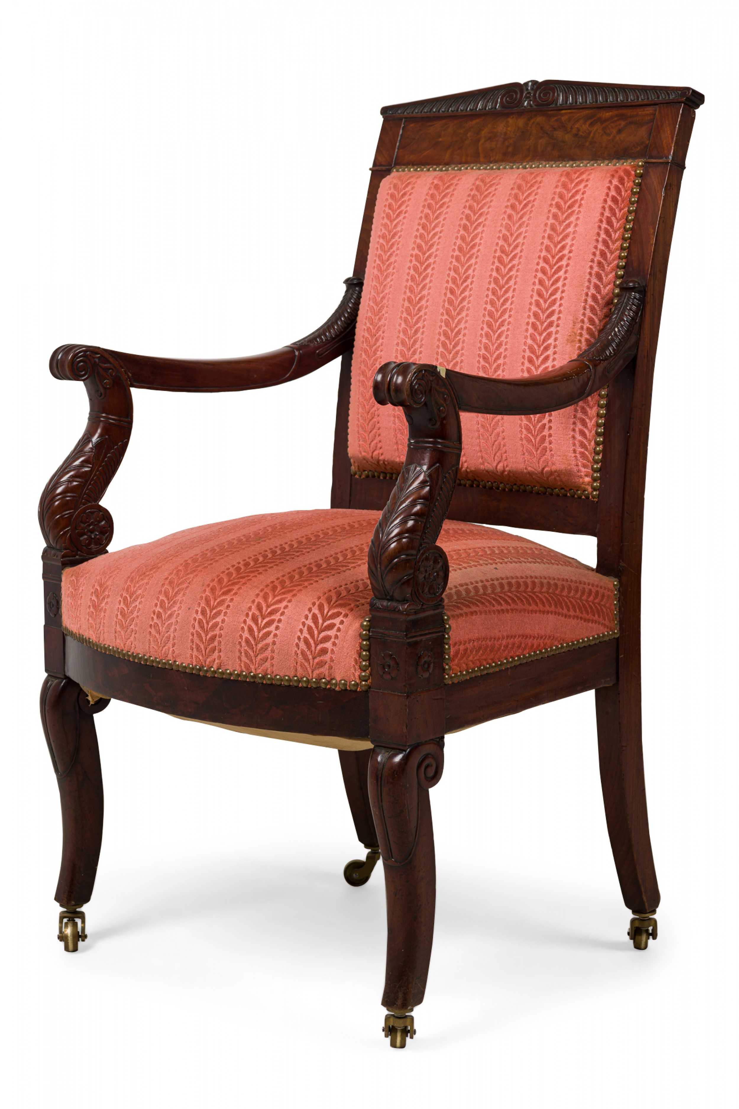 French empire armchair with red floral striped damask upholstery