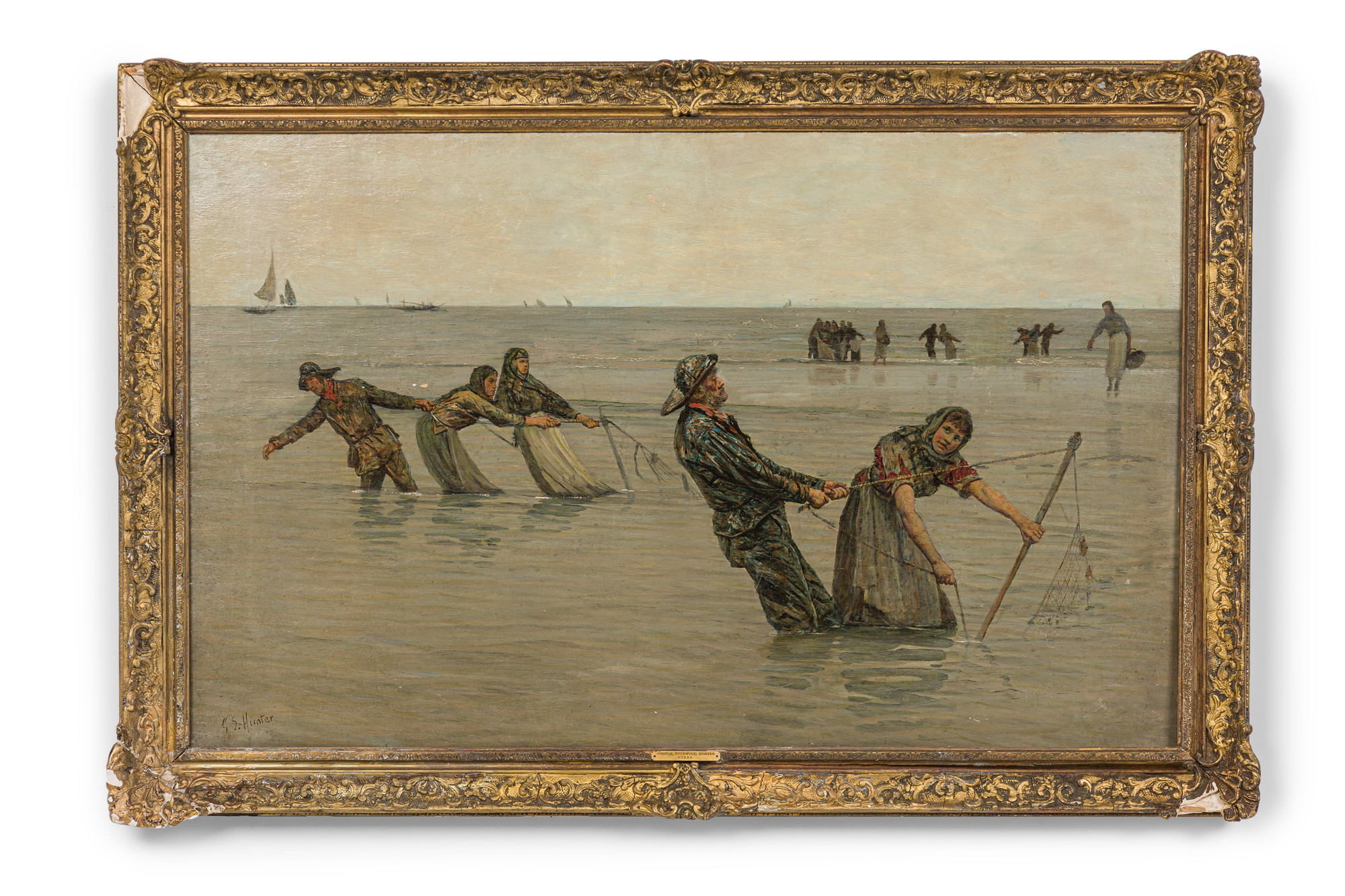 George sherwood hunter english impressionist oil on canvas of a fishing scene in a classical gilt frame