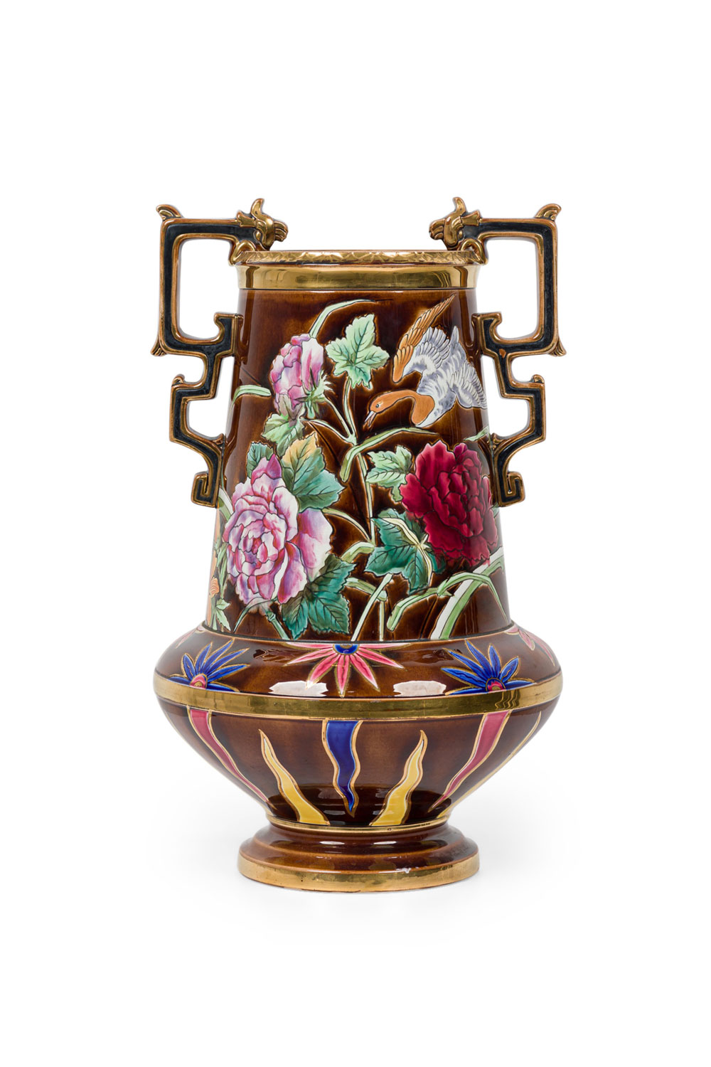 Dutch victorian aesthetic movement monumental gilt painted ceramic vessel