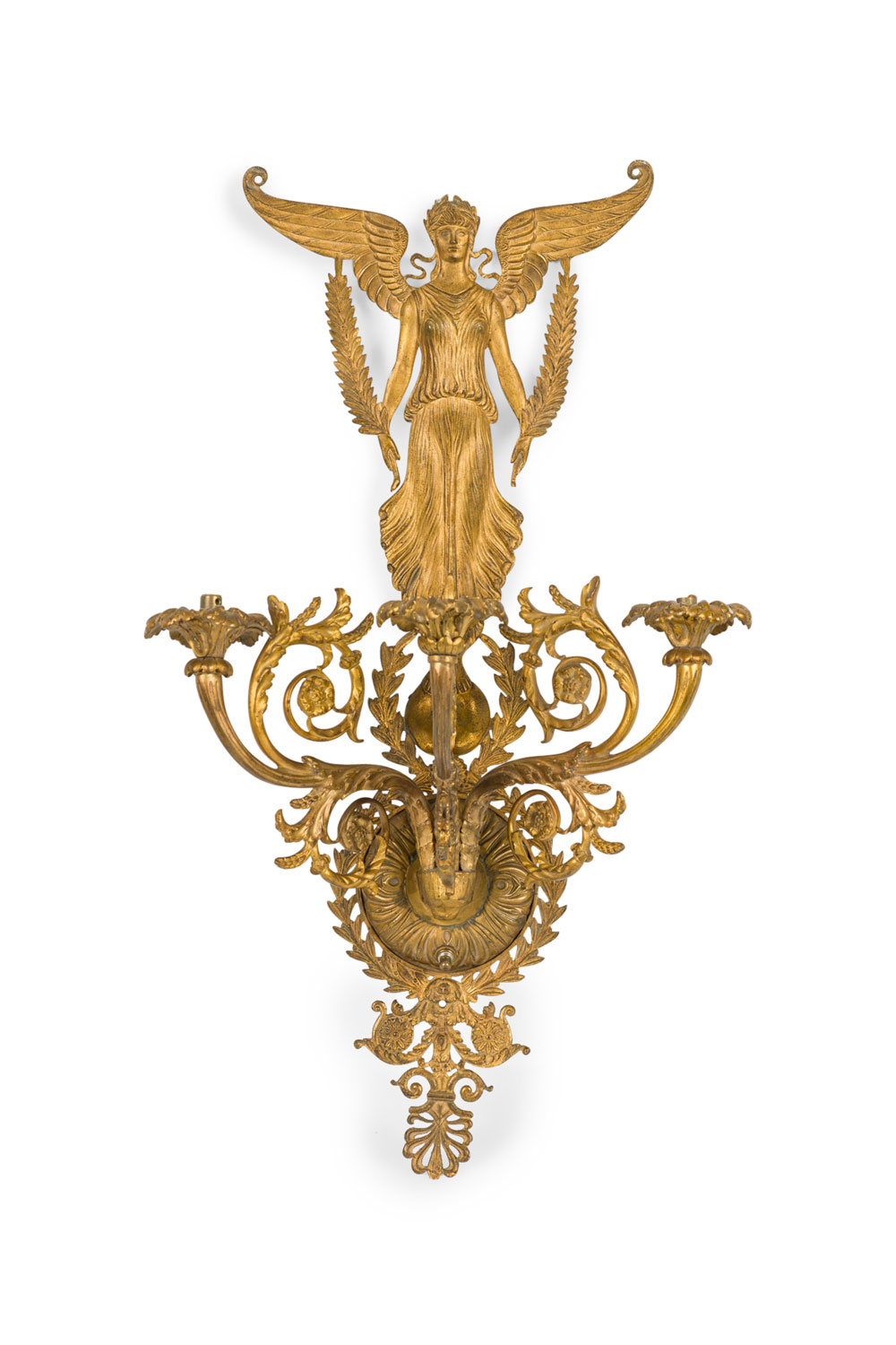 French empire 3 arm gilt bronze wall sconce with a winged figure
