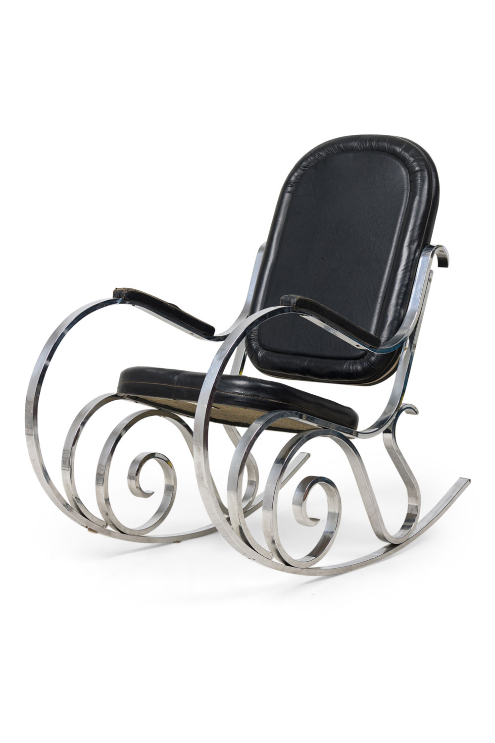 Maison jansen mid century french polished nickel and black leather rocking armchair