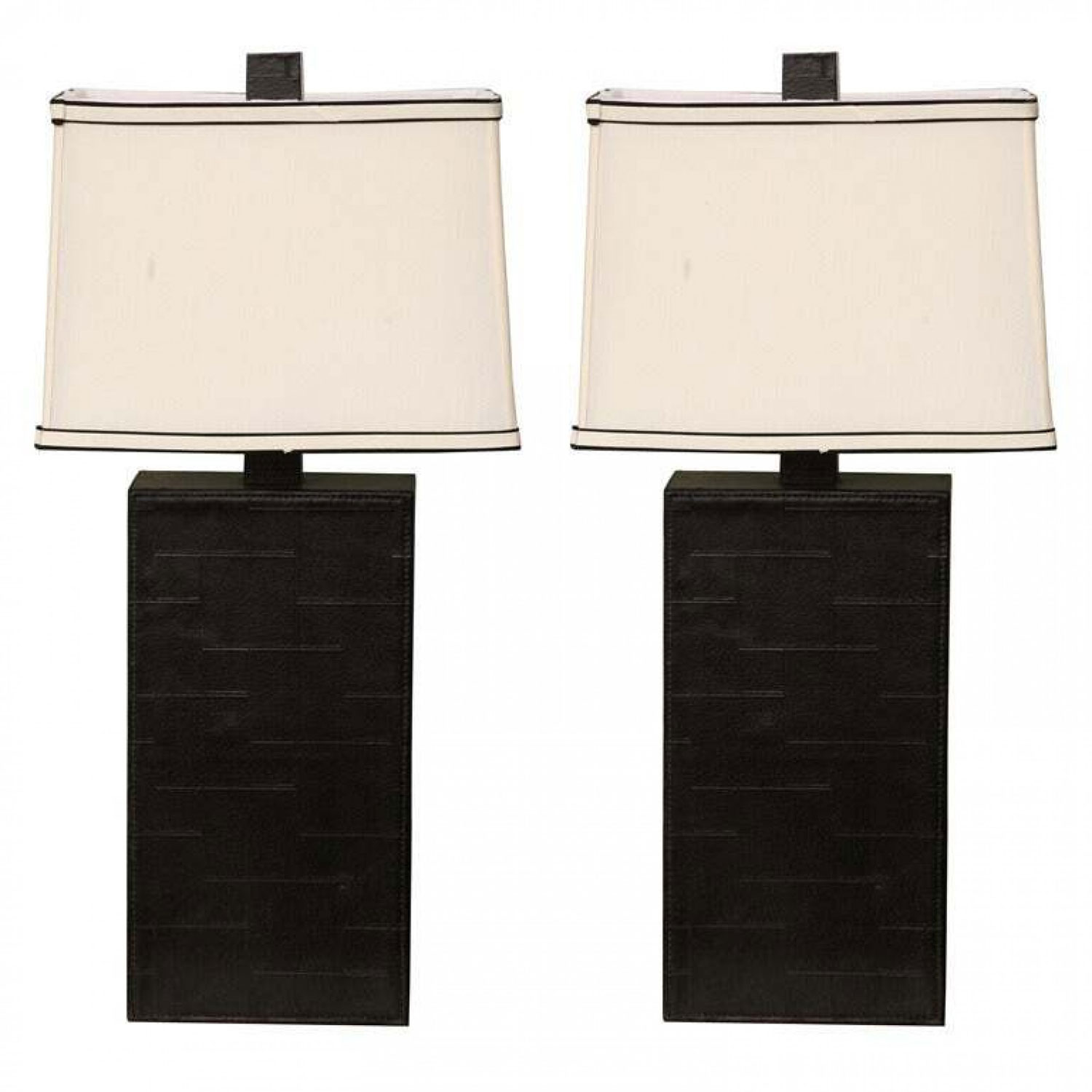 Pair of mid century american black leather table lamps in the style of jacques adnet