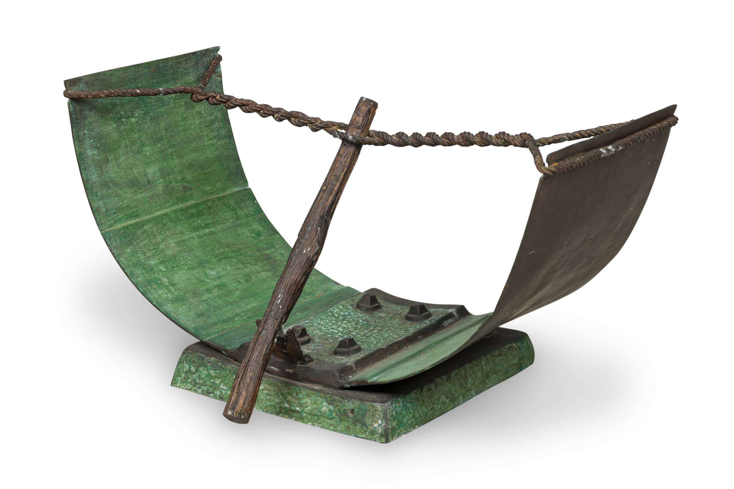 Art deco iron and bronze rope and wood design patinated coffee table base