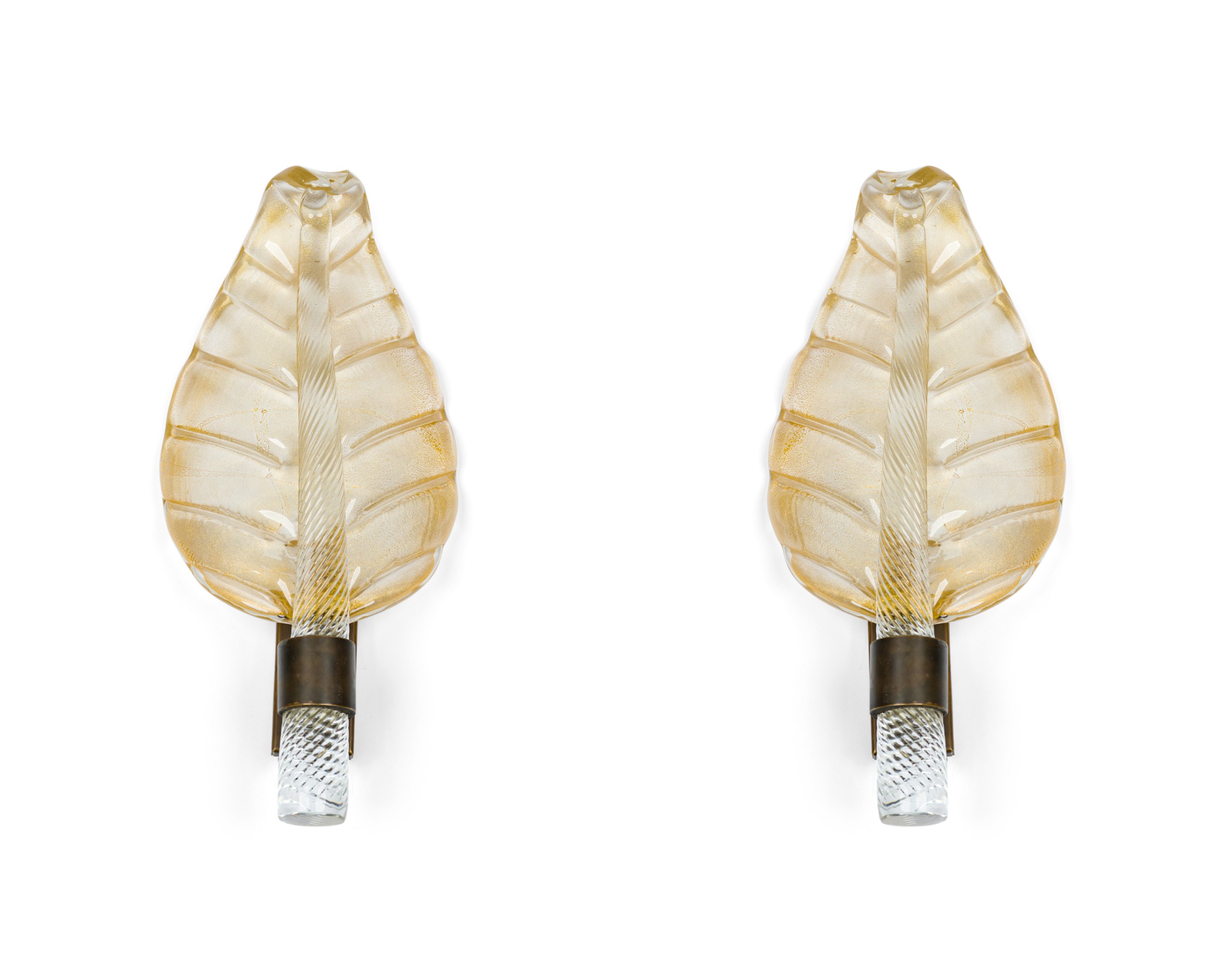 Italian Mid Century Gold Dusted glass and Bronze Leaf Murano Sconces