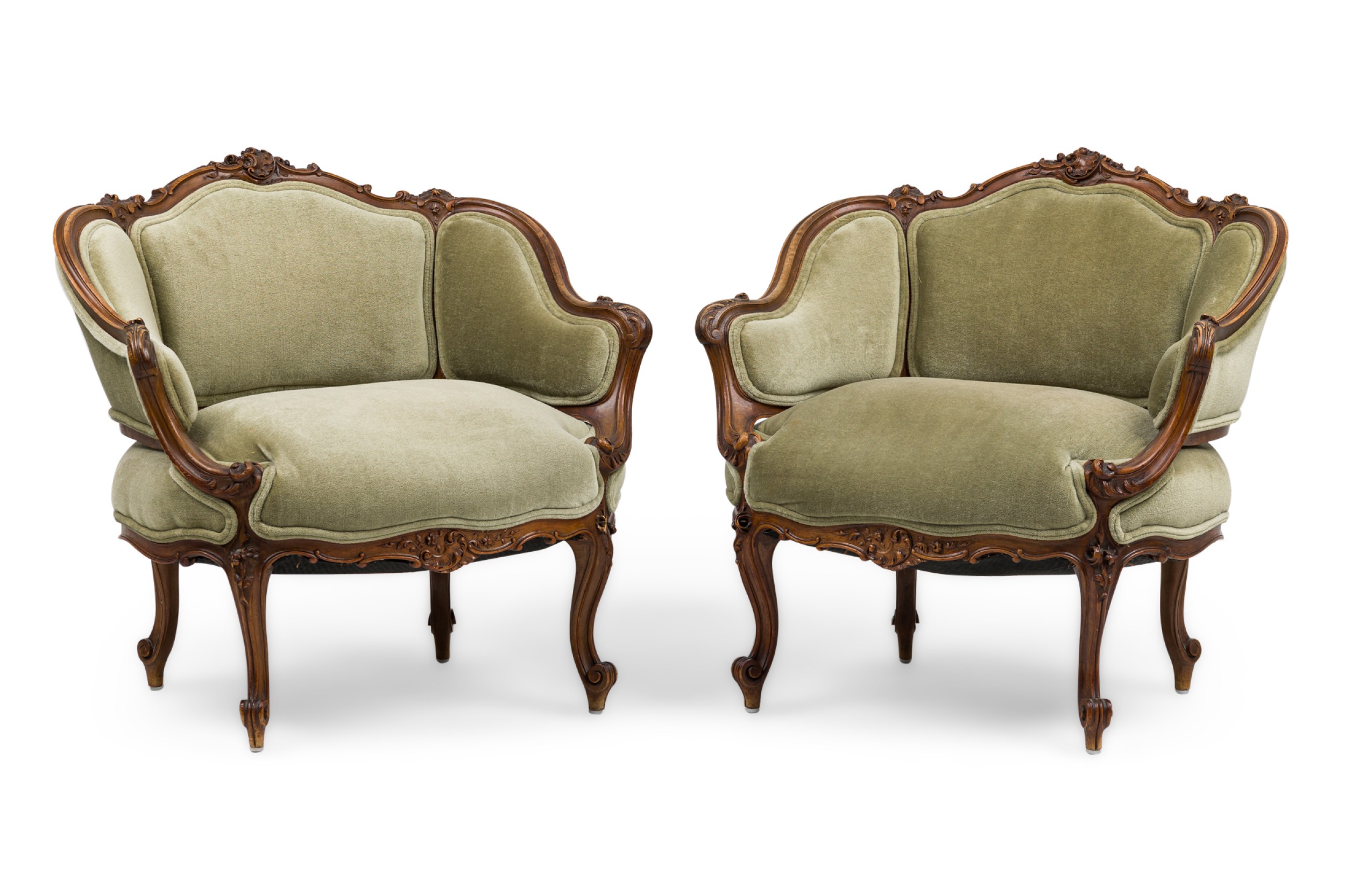 Pair of french louis xv style walnut lowback armchair