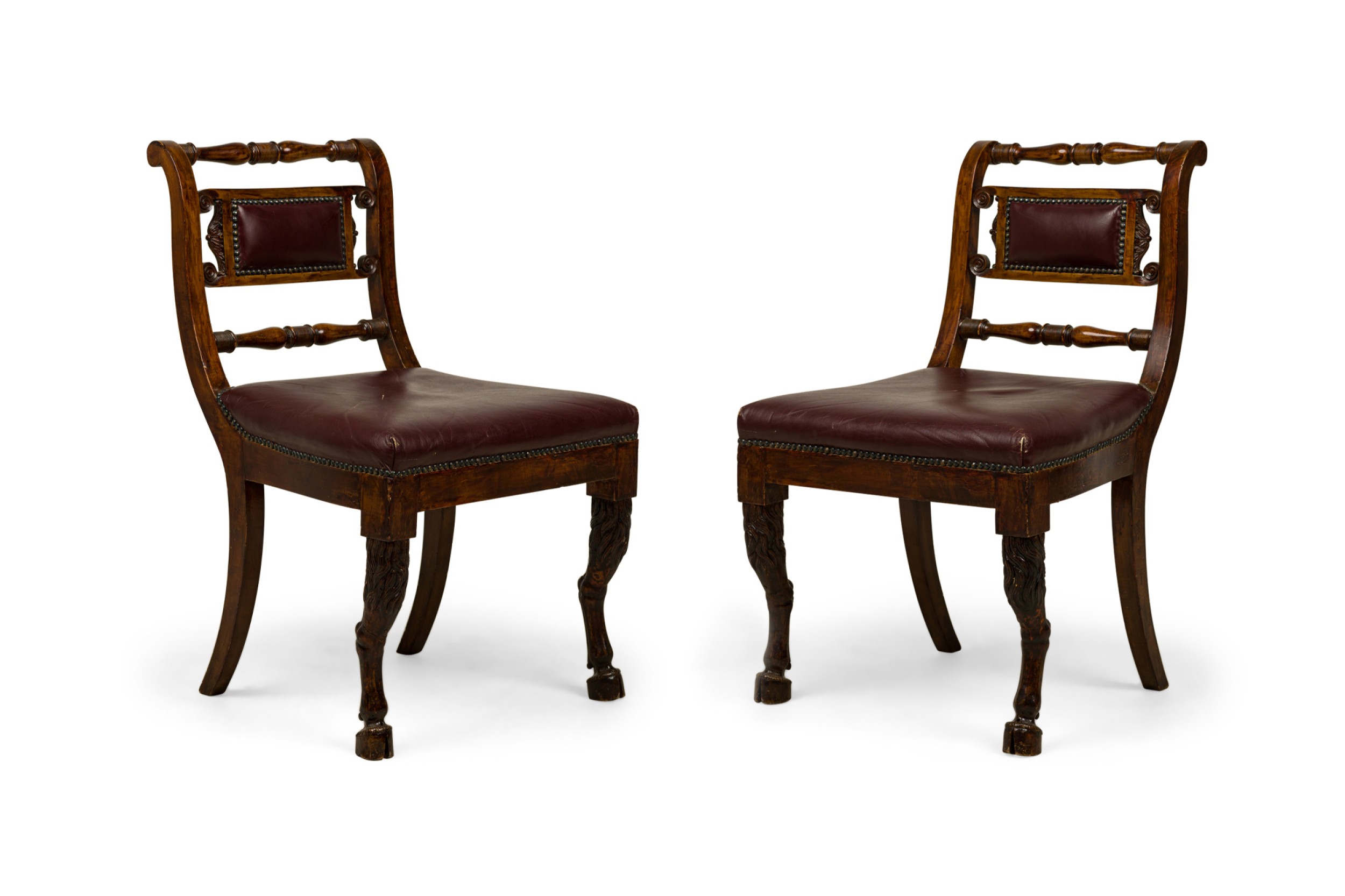 French empire style turned and carved mahogany burgundy upholstered side chair 4