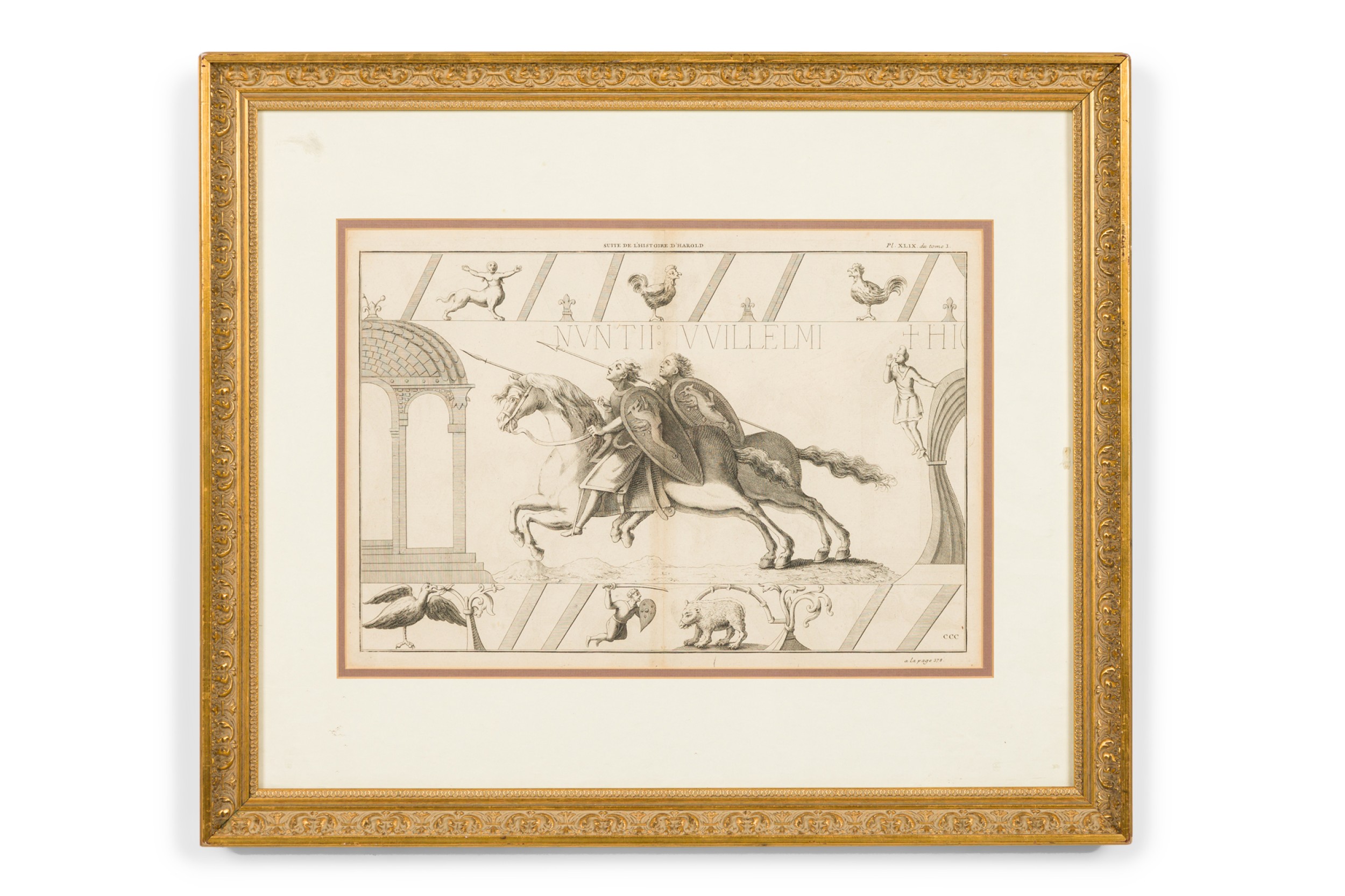 French neo classsic style framed lithograph of a scene from bayeux tapestry