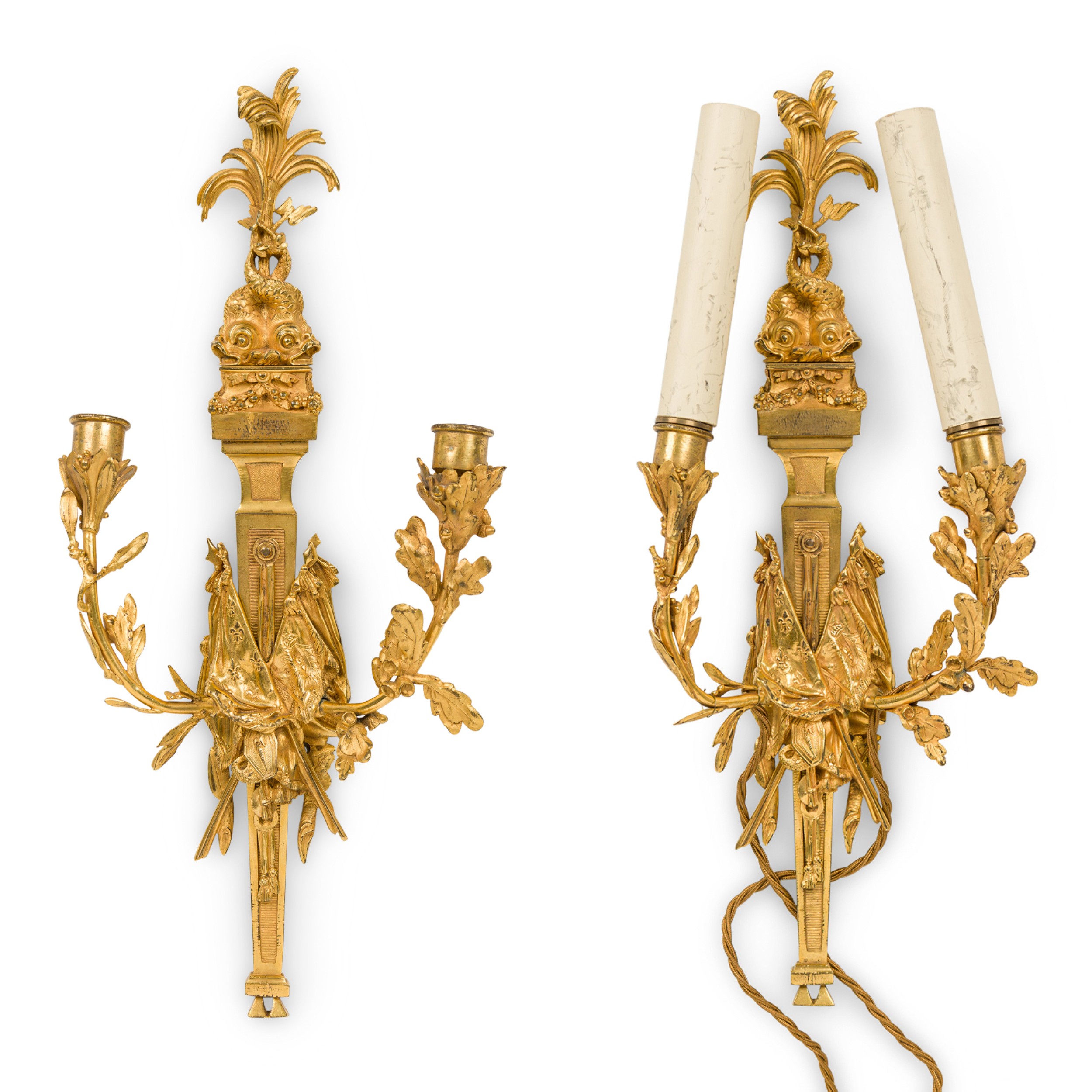 Pair of french louis xvi style bronze wall sconce with flags