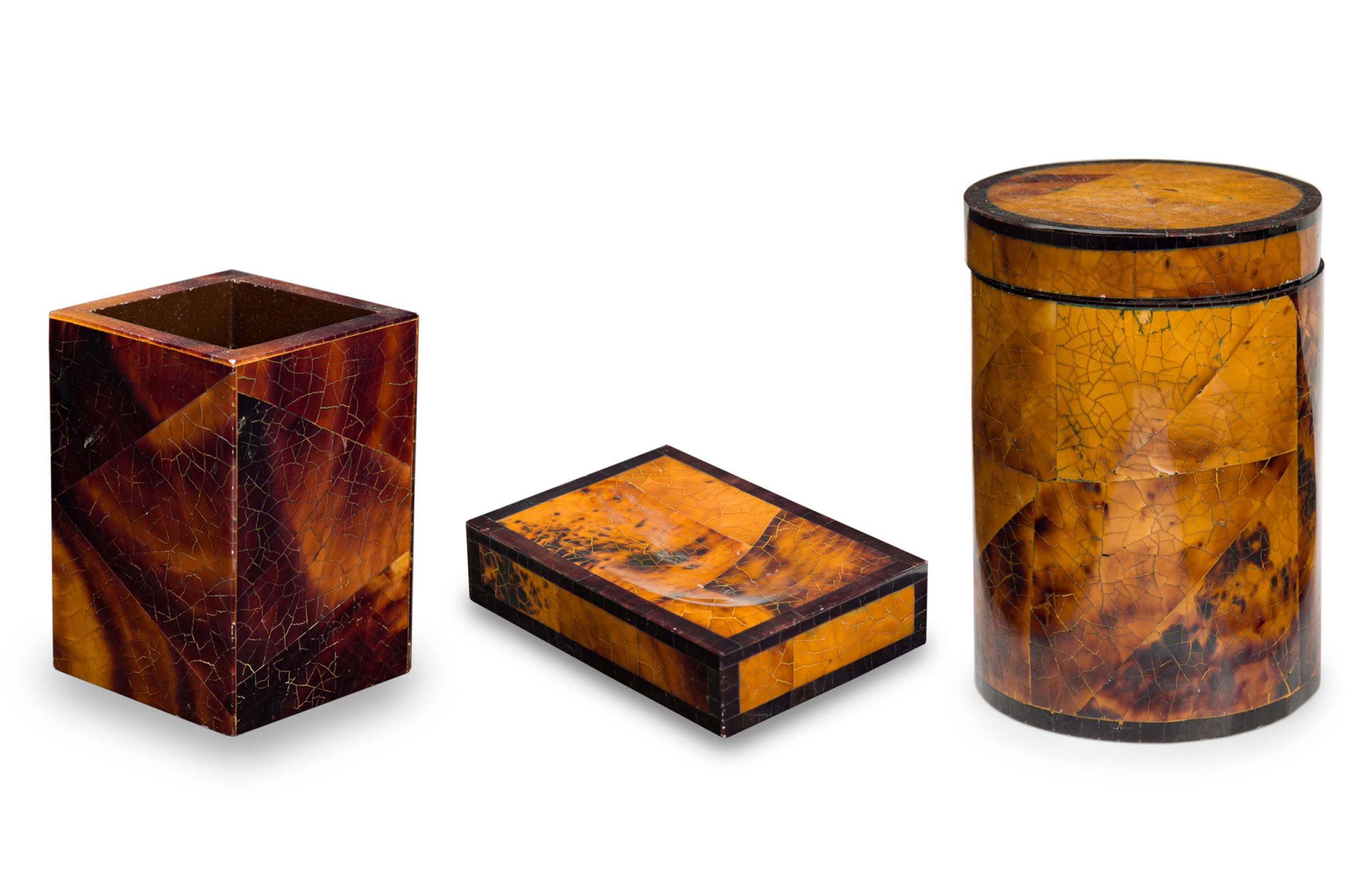 Set of 3 american contemporary tiger eye veneer desk accessories