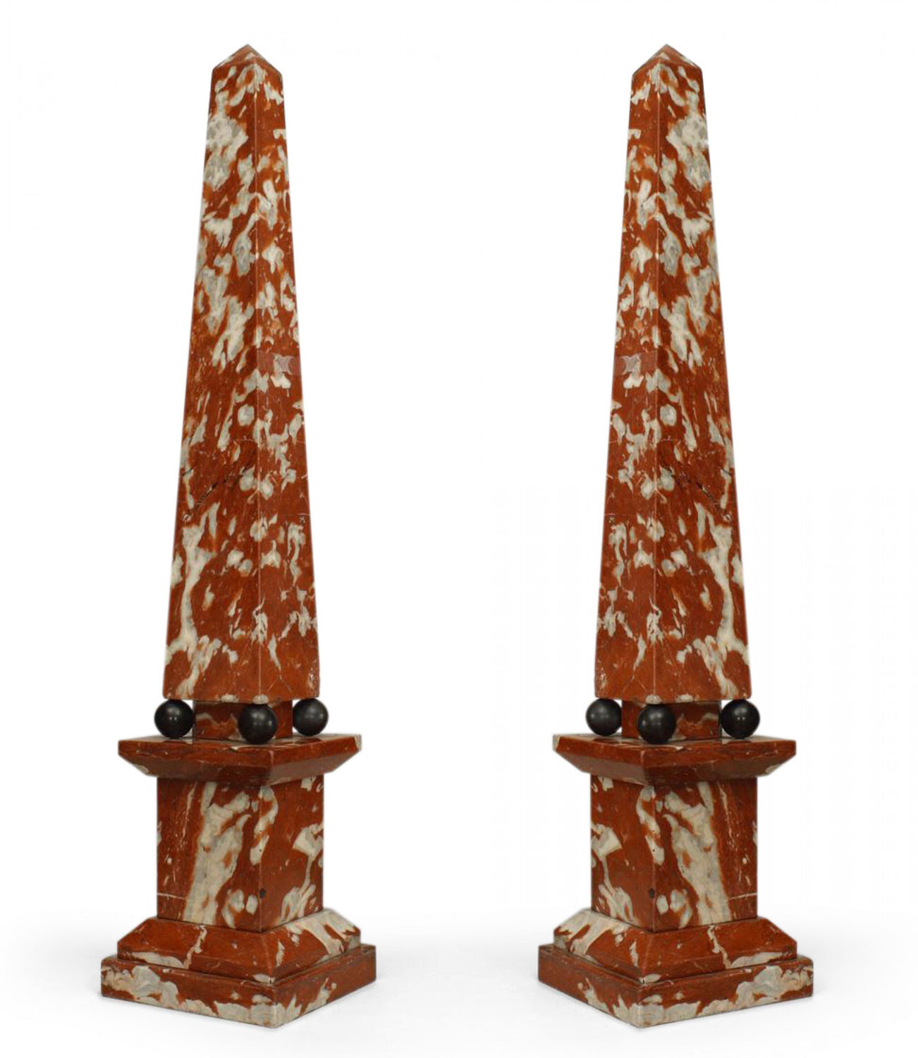 Pair italian neo classic rouge and marble obelisks