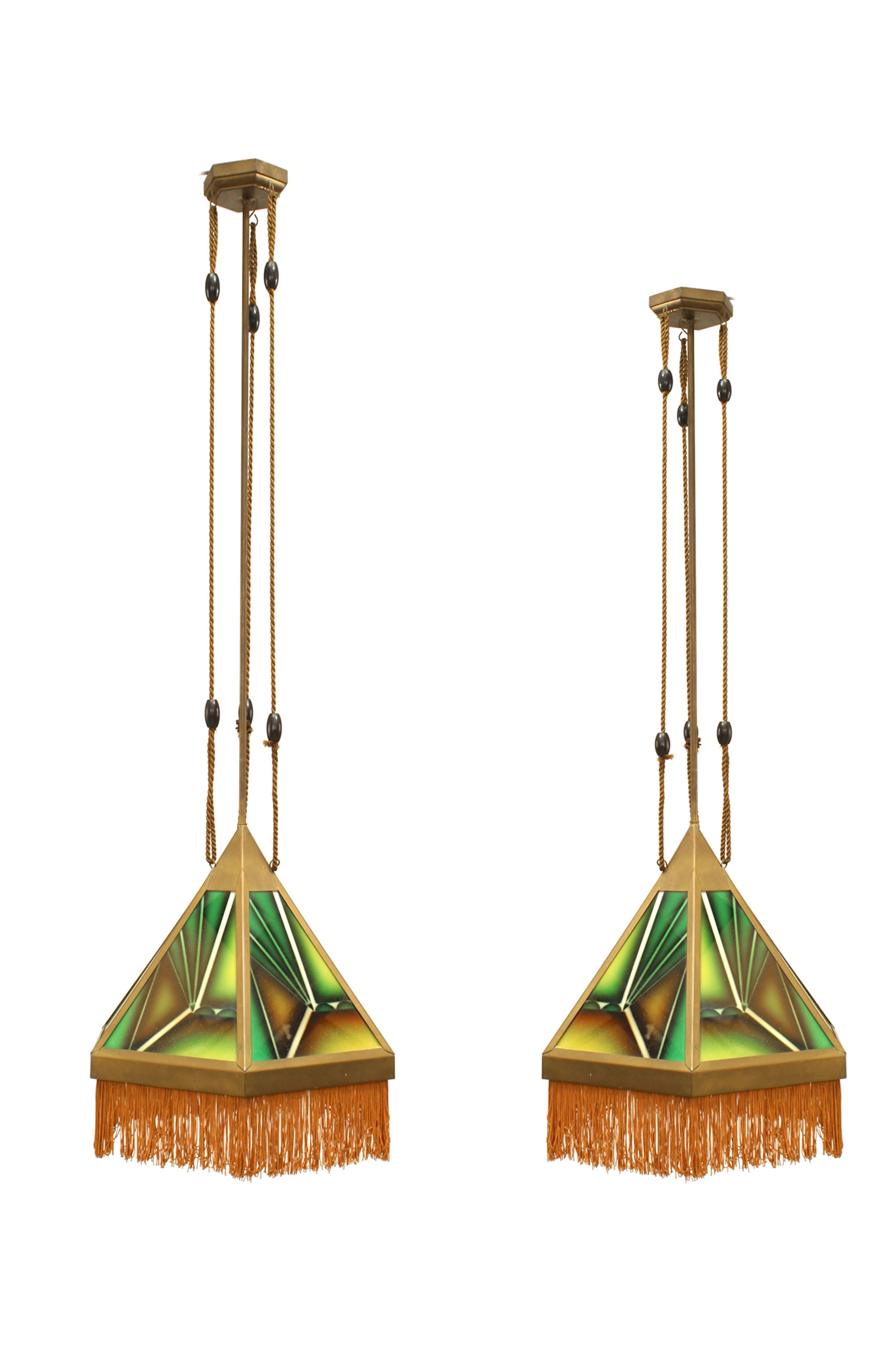 Art deco green glass fringed lanterns