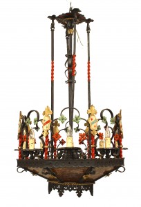 English gothic revival style wrought iron painted shield chandelier