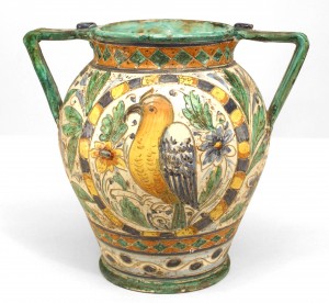 Italian neoclassic majolica earthenware vase with bird