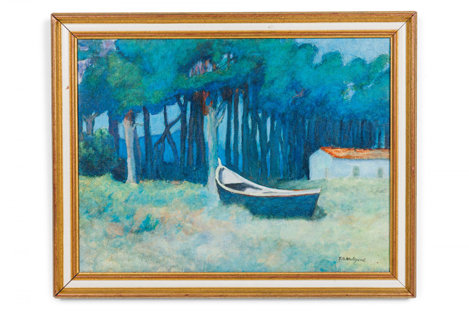 Copy of landscape of blue boat on a green field
