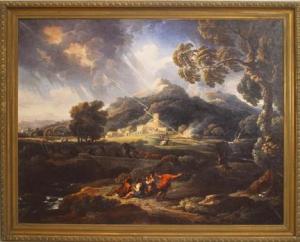 Copy of landscape showing people near lightning storm