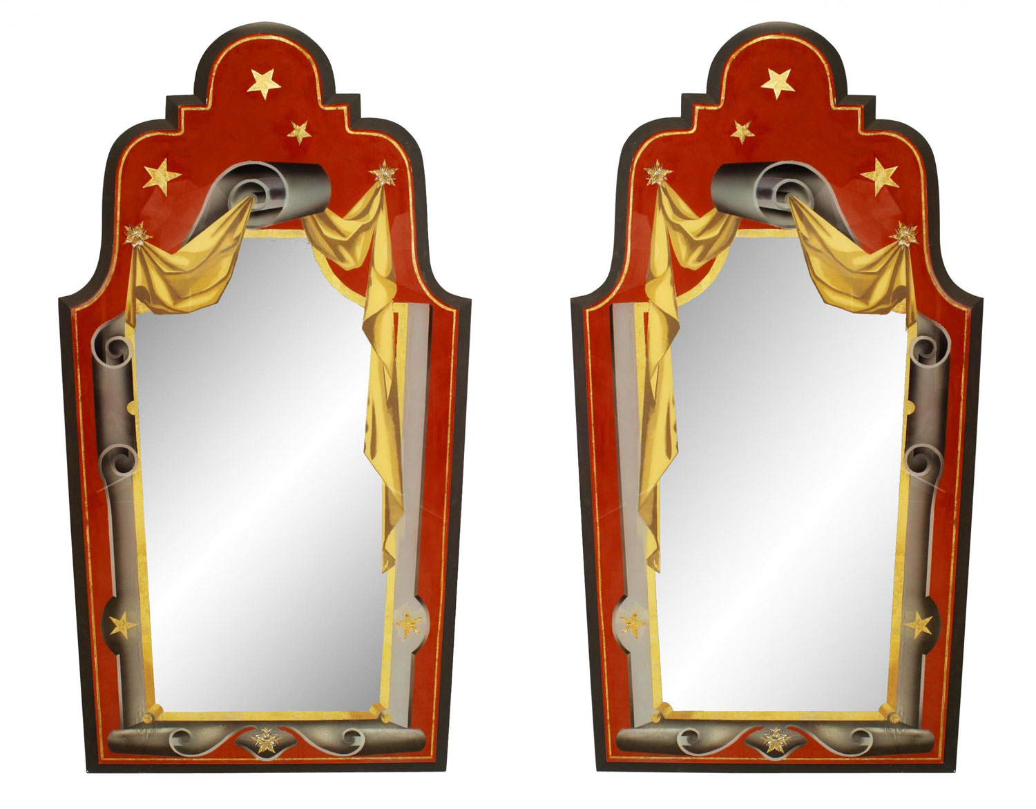French art deco style red eglomise wall mirrors
