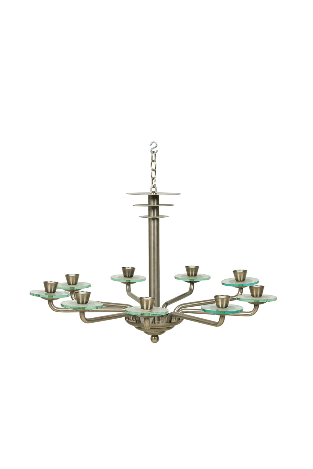 French mid century modernist steel and glass chandelier