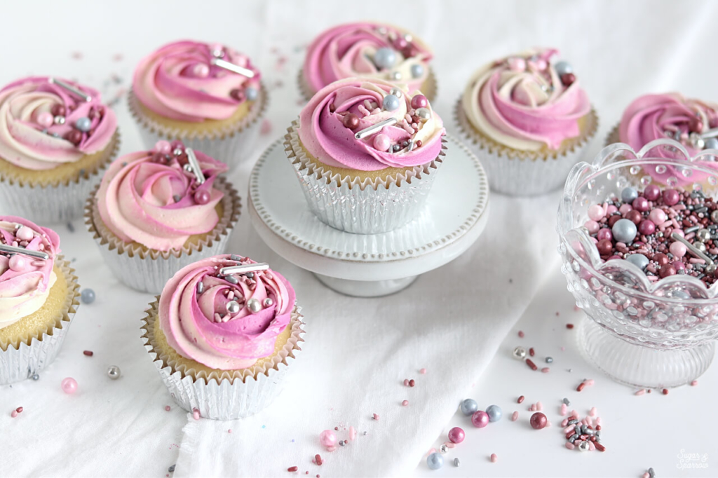 pink ombre rosette cupcakes with sprinkles