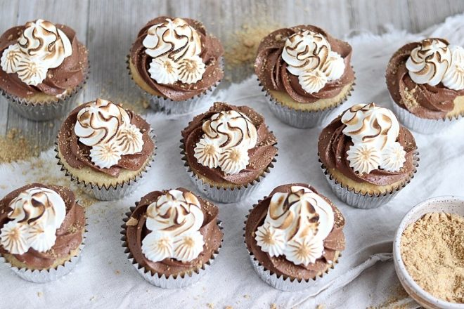 smores cupcakes with toasted marshmallow