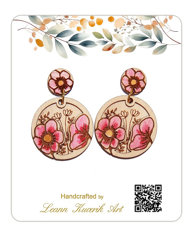 Pink Flowers Hand Painted Wood Earrings - One Sided