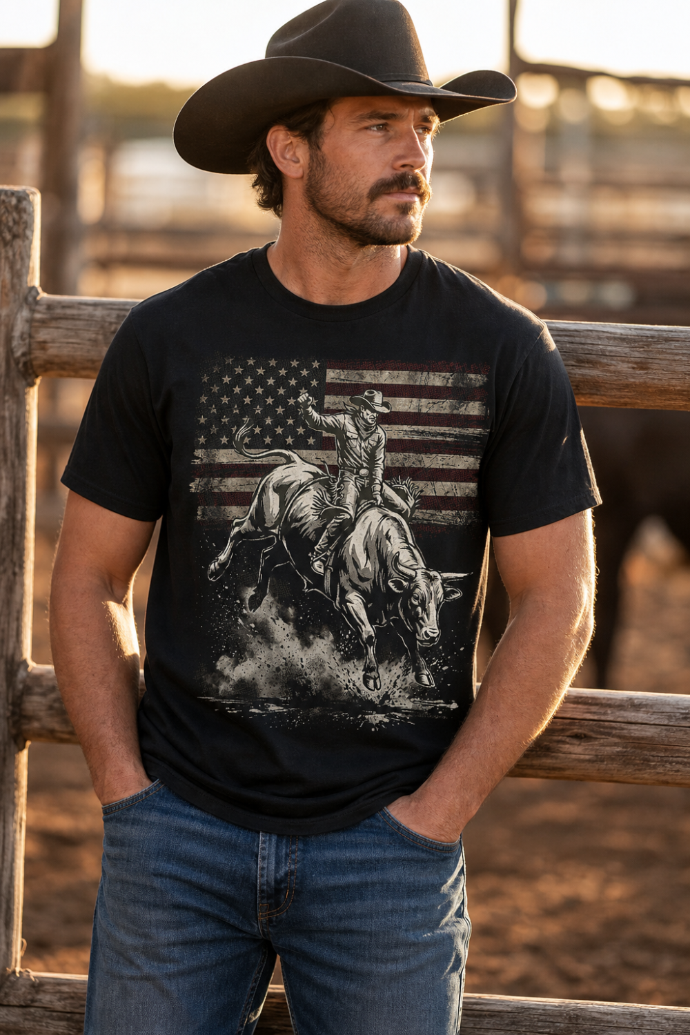 Bull Rider American Flag T-Shirt | bull-rider-american-flag-black-tshirt-lifestyle-mockup.png