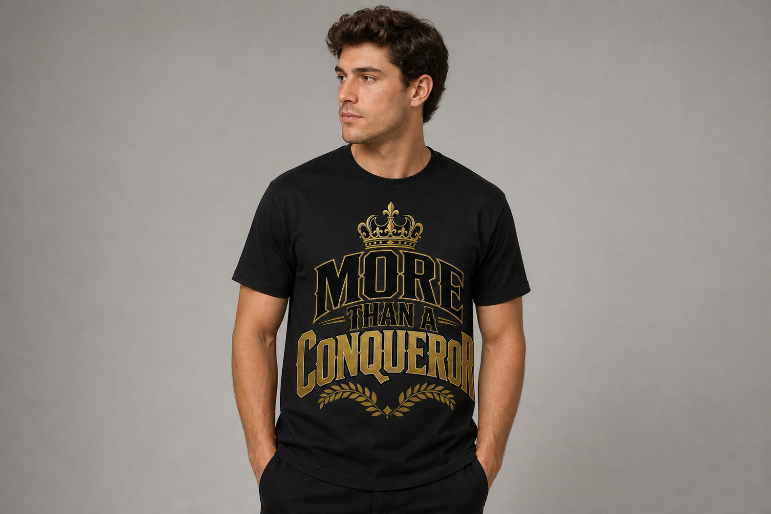 More Than a Conqueror | More_Than_a_Conquerer_graphic_tee_with_male_model.png