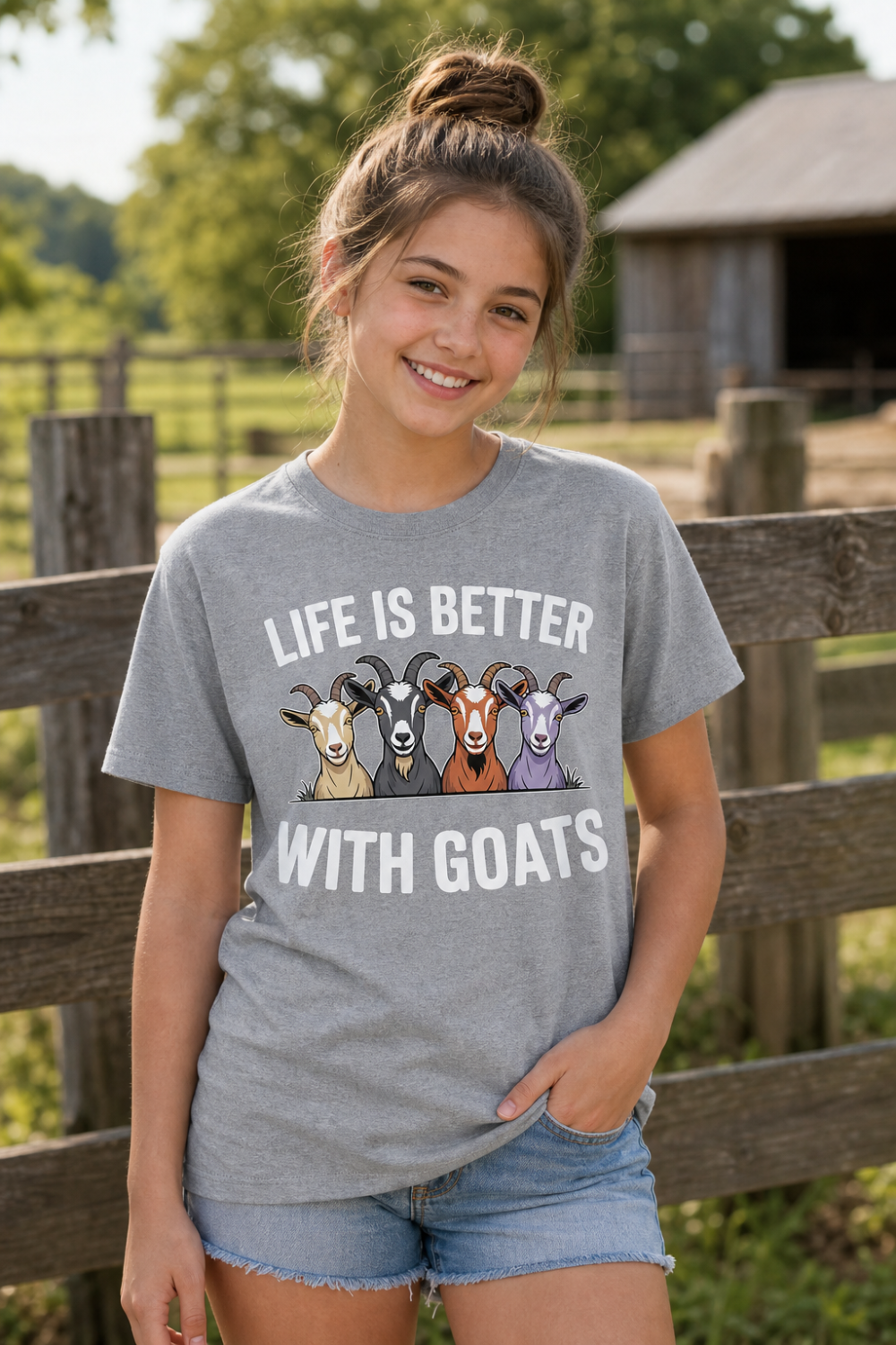 Life Is Better With Goats T-Shirt | goats-peeking-fence-tshirt-teen-lifestyle-mockup.png
