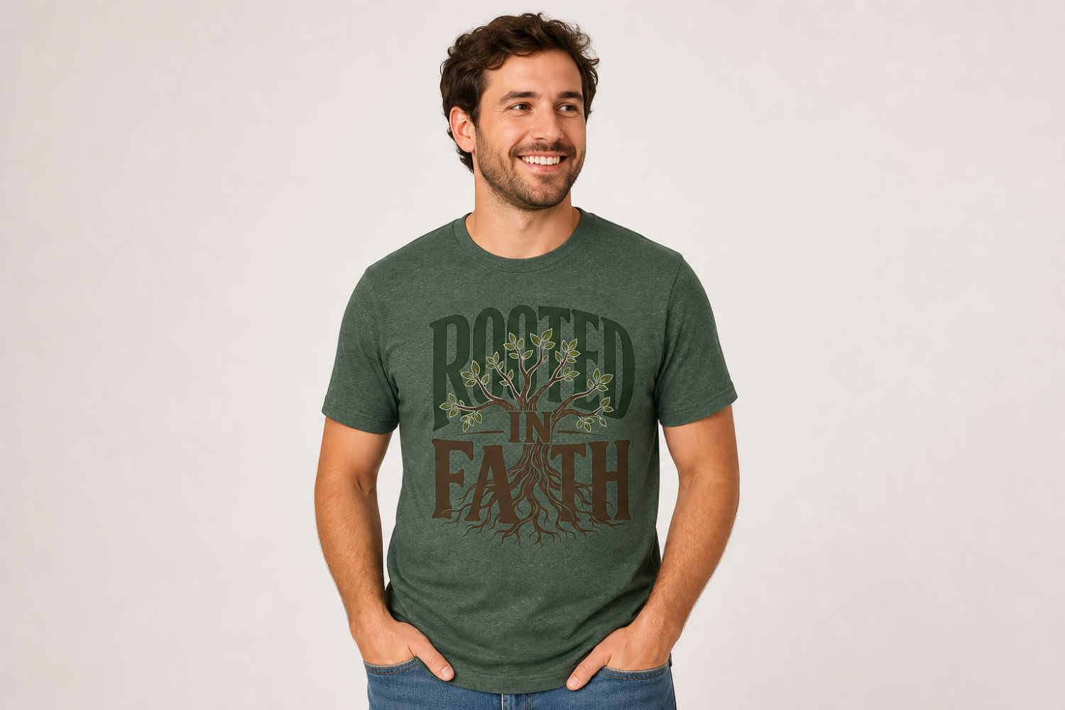 Rooted in Faith | Model_wearing_forest-green_heather_Rooted_in_Faith_Christian_graphic_t-shirt.png