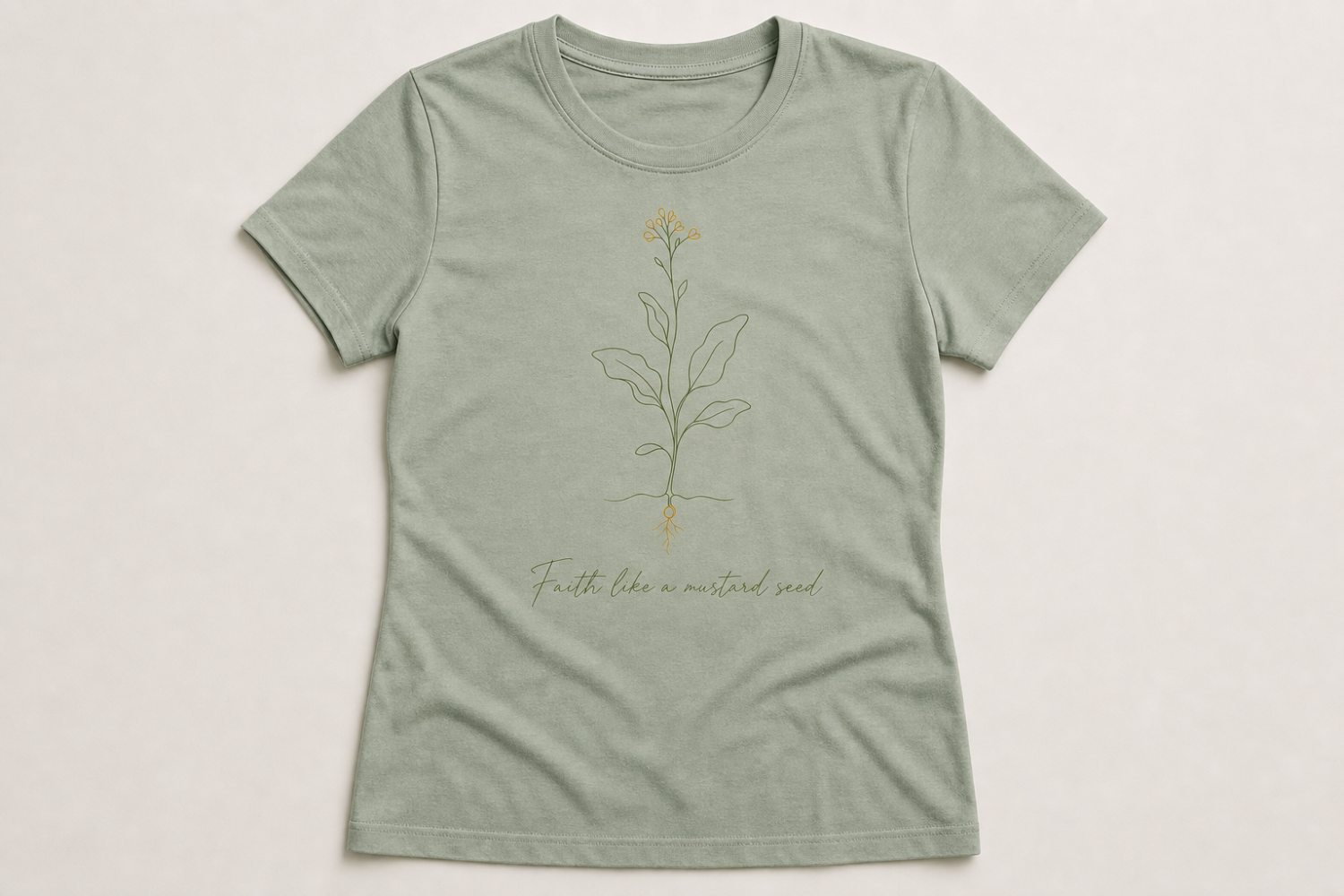 Faith Like a Mustard Seed | Faith_Like_a_Mustard_Seed_minimalist_line-art_Christian_t-shirt_design,_sage_green_and_gold.png