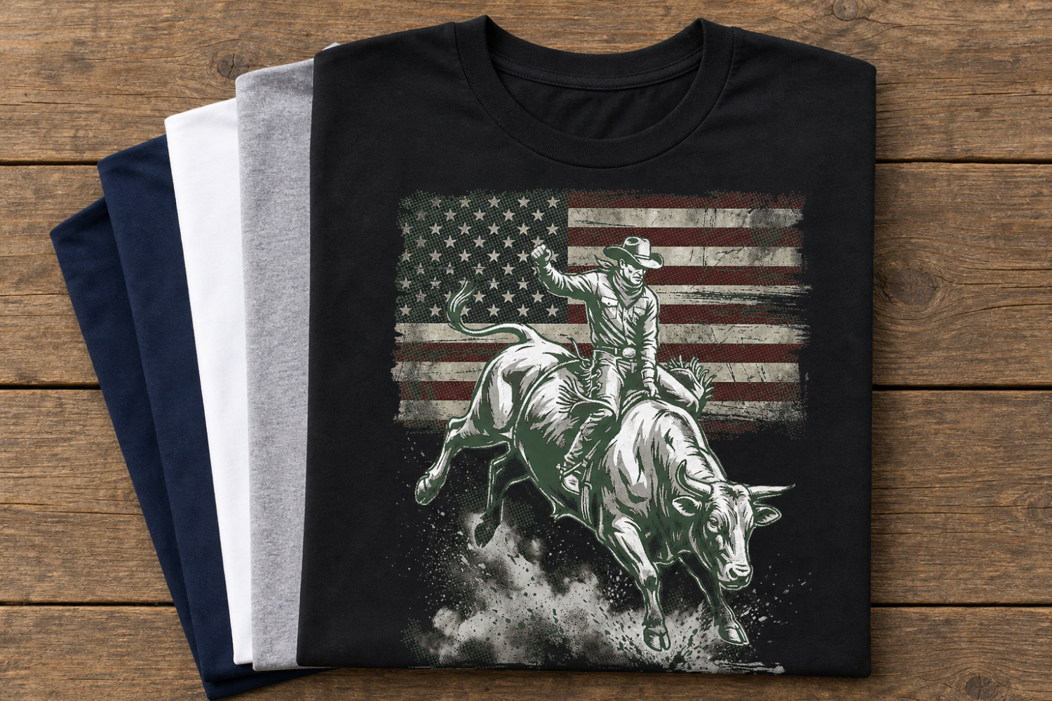 Bull Rider American Flag T-Shirt | bull-rider-american-flag-tshirt-color-options-flatlay.png