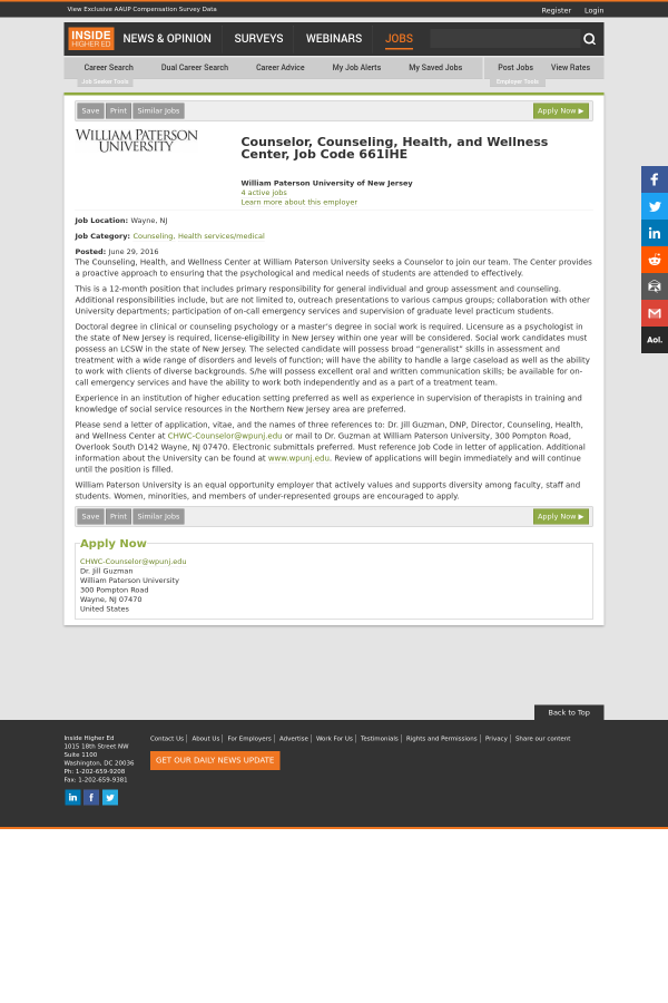 William Paterson University Jobs >> Counselor Counseling Health And Wellness Center Code Ihe Job At William Paterson University Jobs >> Counselor Counseling Health And Wellness Center Code Ihe Job At