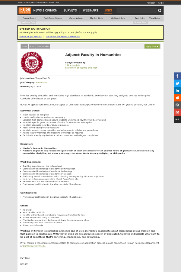 adjunct faculty in humanities job at strayer university in strayer university careers