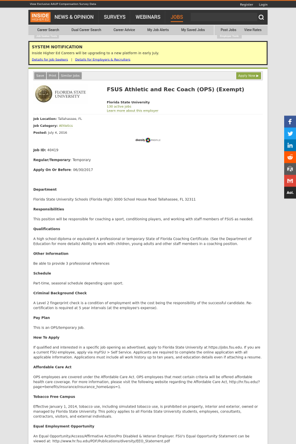 fsus athletic and rec coach job at florida state university in