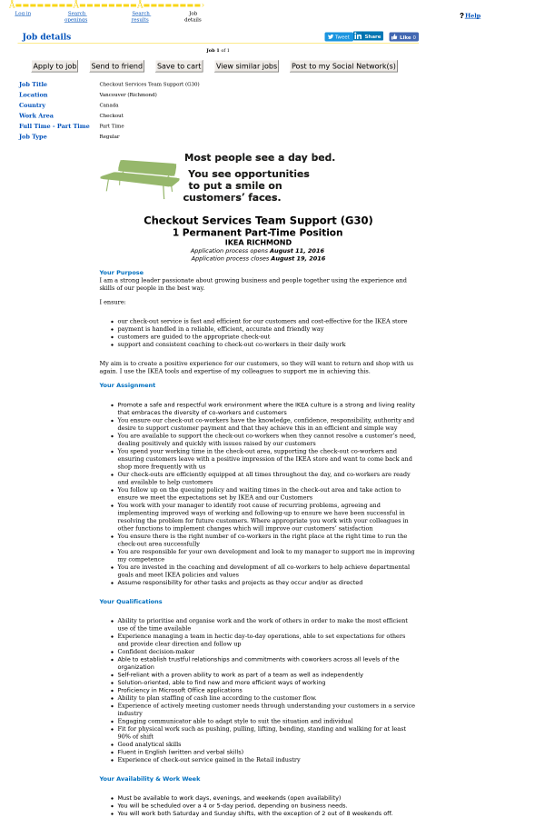 Checkout Services Team Support G30 Job At Ikea In Vancouver