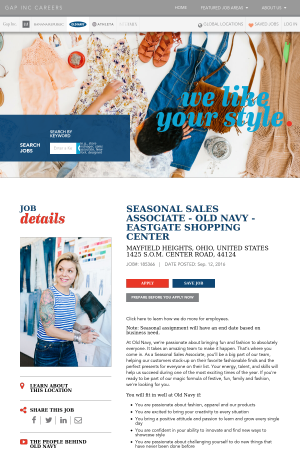 seasonal sales associate old navy job at the gap inc in mayfield athleta careers