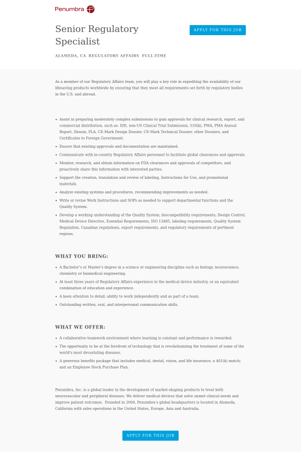 senior regulatory specialist job at penumbra in alameda ca keen attention to detail
