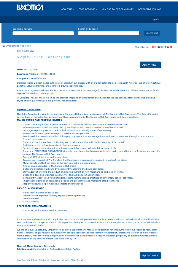 sunglass hut sales associate