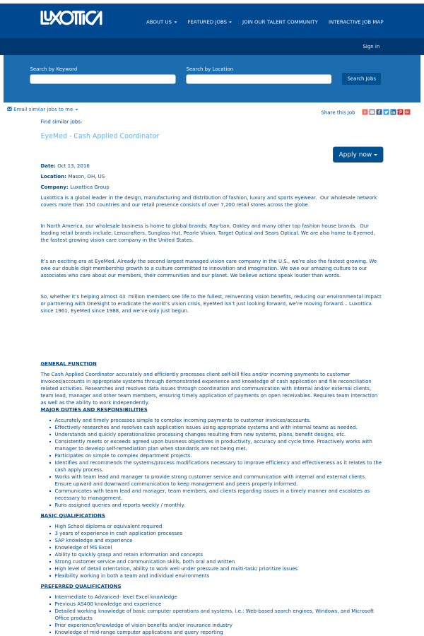 eyemed cash applied coordinator job at oakley in mason oh