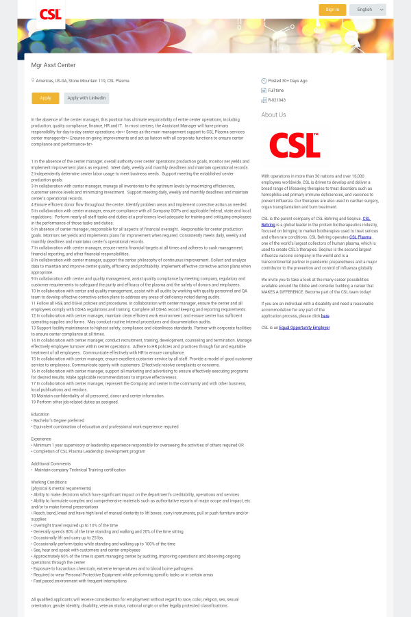 Manager Assistant Center Job At Csl Behring In Stone Mountain Ga