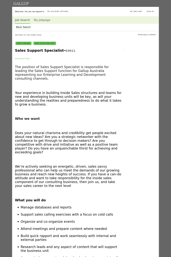 sales support specialist job at gallup in sydney australia sales support specialist job description