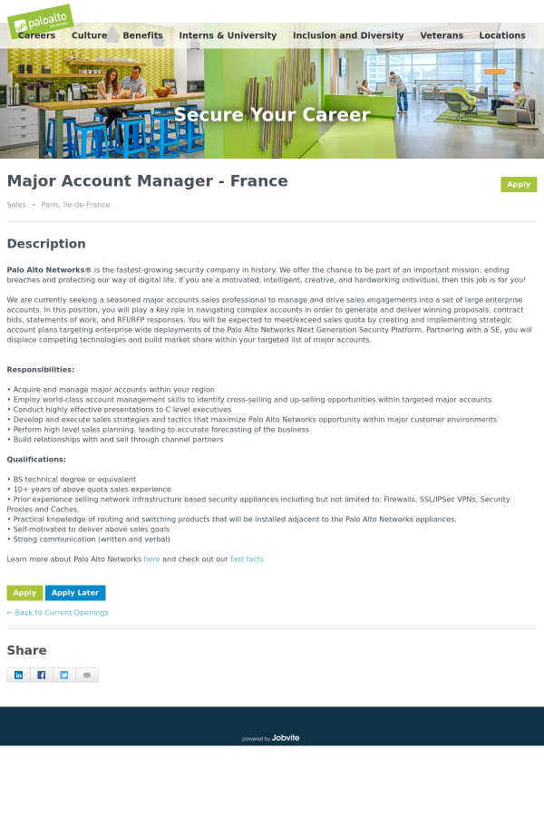 Major Account Manager France Job At Palo Alto Networks In - 