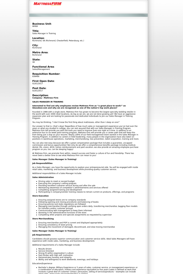 sales manager in training job at sleepys in richmond va 8030239 sleepys customer service