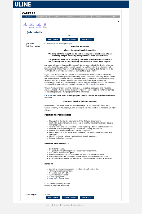 customer service training manager job at uline in pleasant prairie what does customer service manager do