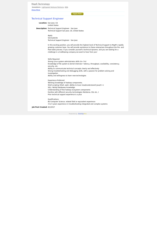 Technical Support Engineer job at MapR in San Jose, CA | Tapwage ... Technical Support Engineer job at MapR in San Jose, CA | Tapwage ...