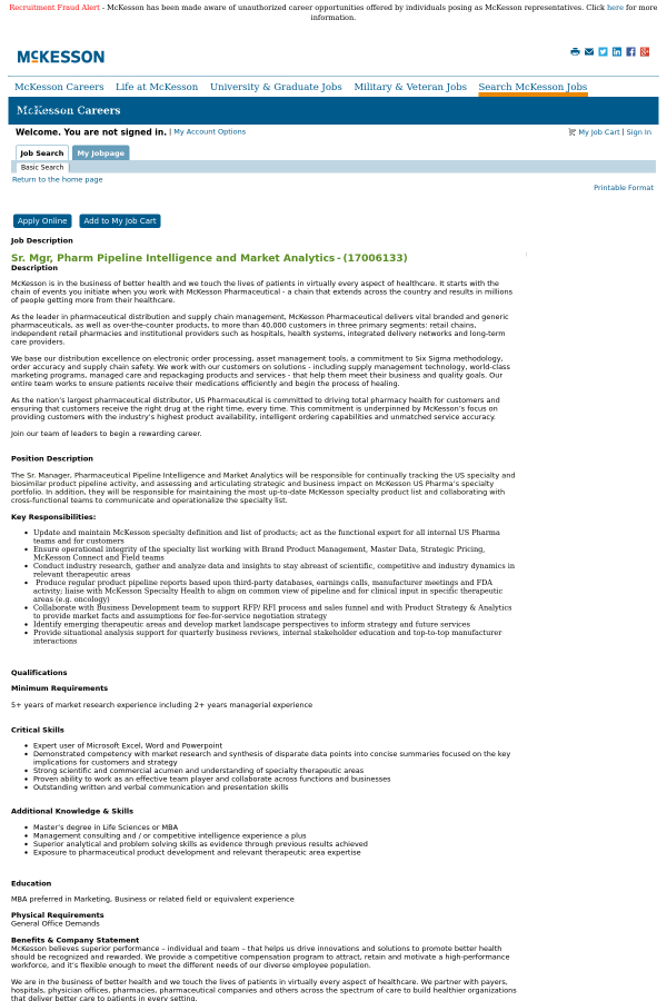 senior manager pharm pipeline intelligence and market analytics job mckesson connect